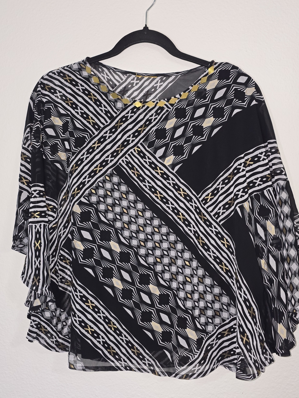 Black Patterned Women's Blouse with Gold Accents